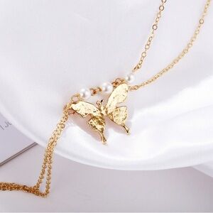 Elegant Gold Color Butterfly Necklace with Faux Pearls